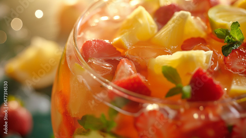 Macro shot of tropical punch with pineapple and lemonade in vibrant glass photo
