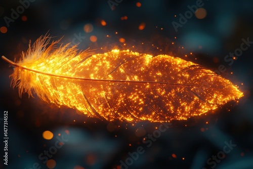 Legendary phoenix feather, burning golden edges with ember trails, floating in air, symbolic feather set, macro texture, soft ambient style, spiritual animal symbolism