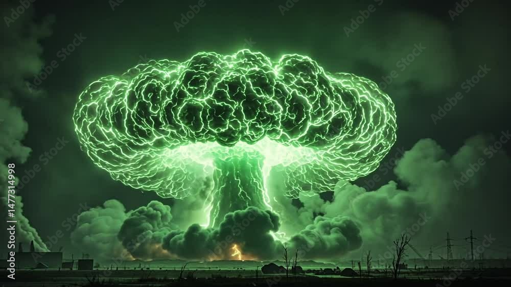 Dramatic Green Explosion of a Nuclear Bomb Creating Radioactive Cloud in a Dark Night Sky with Smoke and Ruins