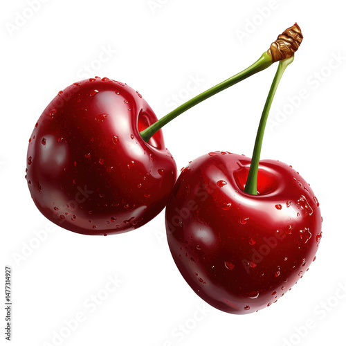 Two ripe red cherries covered with water droplets on transparent background