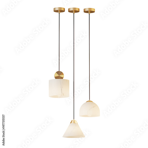 Three white light bulbs hanging from a ceiling