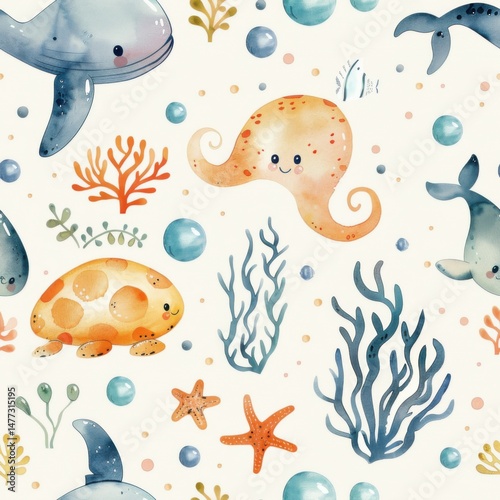 seamless pattern of cute cartoon fish, jellyfish, starfish, and sea plants, bright pastel colors, underwater world theme