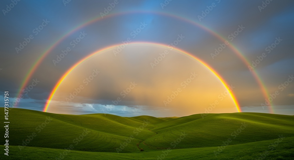 Naklejka premium Double Rainbow Over Green Hill