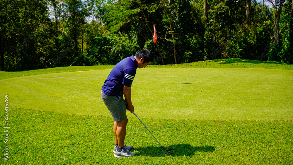Fototapeta premium Golfer playing golf in the evening golf course, on sun set evening time.