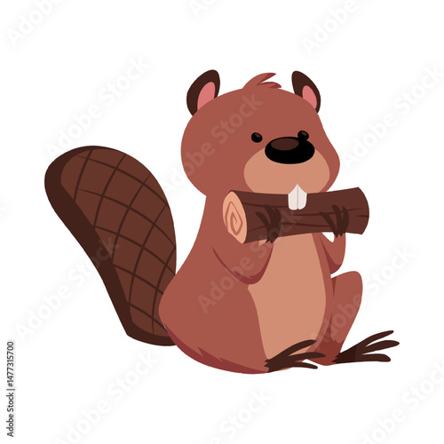 Cute beaver chewing wood vector flat illustration, cartoon wild animal holding and gnawing tree trunk, fauna character