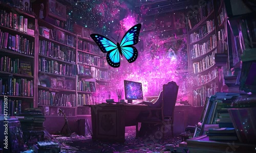 Enchanted library with vibrant butterfly, cosmic background, and glowing computer screen