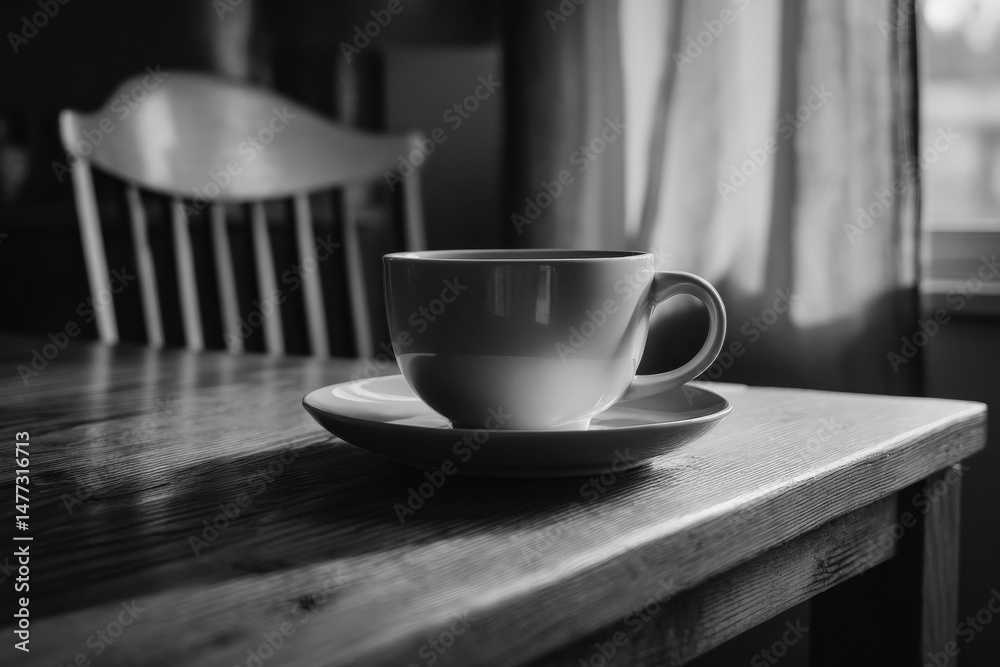 Fototapeta premium Warm cup of coffee on a wooden table in a cozy room during morning light