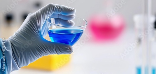 A gloved hand carefully manipulates a separatory funnel containing a vibrant blue liquid, science, scientific method photo