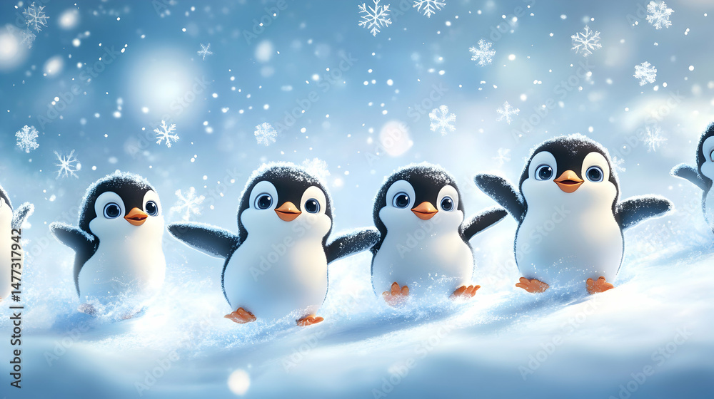 Obraz premium Playful Baby Penguins Sliding on Snowy Ground with Snowflakes Falling