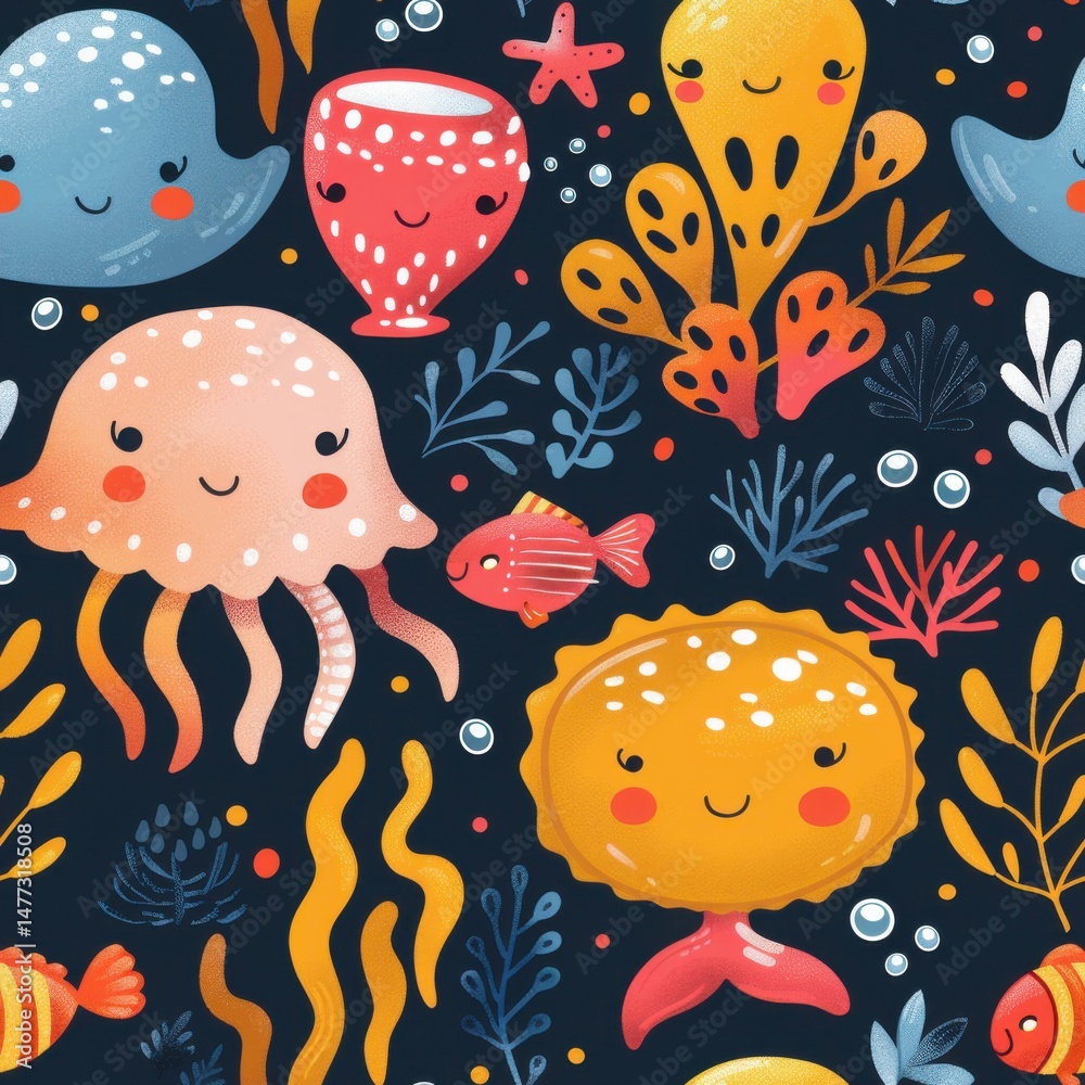 seamless pattern of cute cartoon fish, jellyfish, starfish, and sea plants, bright pastel colors, underwater world theme seamless pattern of cute cartoon fish, jellyfish, starfish, and sea plants, bright pastel colors, underwater world theme