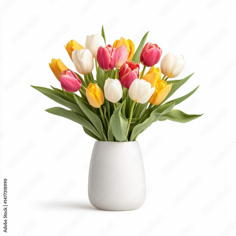 custom made wallpaper toronto digitalA simple white vase holds a vibrant bouquet of pink, yellow, and white tulips against a white background.