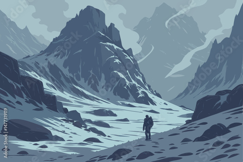 154 cinematic mountainous frozen landscape, lone figure standing in foreground, dramatic icy peaks in background, mist and fog, cold atmospheric lighting, digital art, high resolution, unreal engine