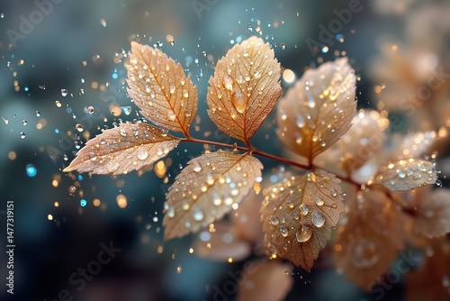 A close up of a leaf with water droplets on it