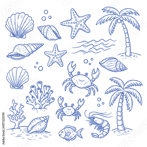A doodle illustration of various sea creatures and beach elements in blue on a white background