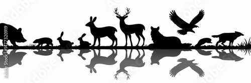 Black and White Silhouettes of Forest Animals by Water with Reflections Including Deer and Bear