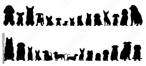 Silhouettes of Different Dog Breeds in Black and White, Displaying Various Sizes and Stances