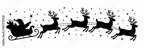 Santa Claus Reindeer Sleigh Christmas Night Journey with Gifts and Stars Flying Through Sky