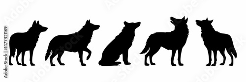 Silhouette of Five Wolves in Different Poses Walking Sitting and Standing in Black and White