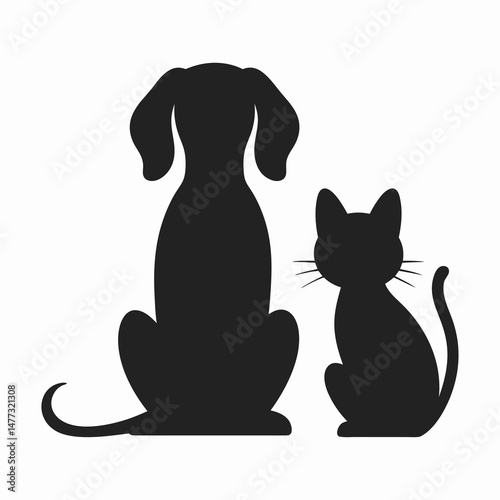 Simple Black Silhouette of a Dog and Cat Sitting Together, Forming a Classic Pet Illustration