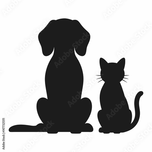 Dog and Cat in Silhouette Form Sitting Side by Side, Displaying Their Elegant Shapes and Features