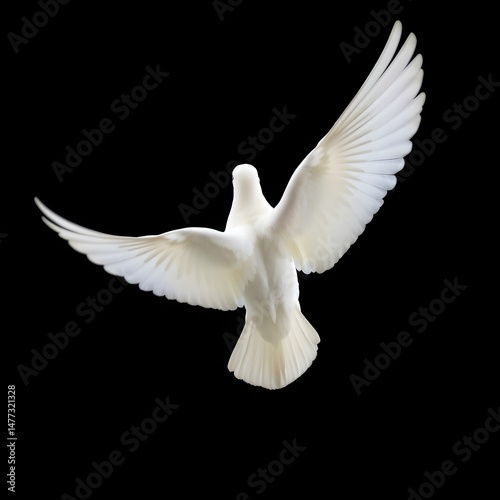 White Dove Flying with Wings Spread – Back View on Black Background – Glowing Line Art