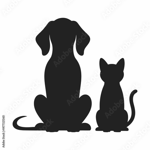 Black Silhouette of Dog and Cat Sitting Together, Expressing Their Unique Animal Shapes and Poses