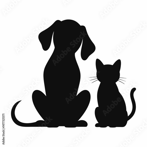 Silhouette of a Dog and a Cat Sitting Side by Side, Displaying Their Animal Forms in Black and White