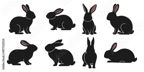 Diverse Rabbit Silhouettes in Various Poses, Including Sitting, Standing, and Profile Views