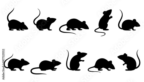 Collection of 10 Black Silhouettes of Mice in Various Poses Including Sitting, Standing, and Crawling
