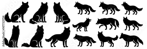 Black Silhouettes of Wolves in Different Poses, Featuring Sitting, Running, and Walking Wolves