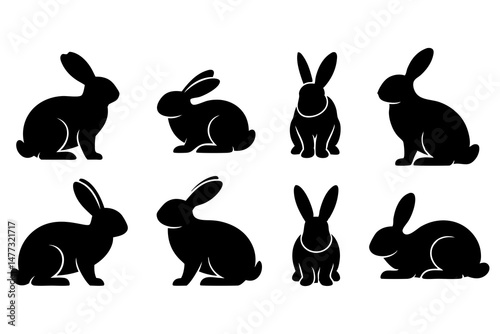 Black Silhouettes of Rabbits in Various Poses Showing Different Angles and Sitting Stances