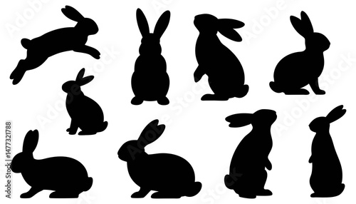 Various Rabbit Silhouettes in Black, Showing Different Poses Including Hopping, Sitting, and Walking