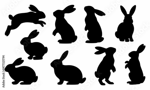 Diverse Rabbit Silhouettes Displaying Sitting, Standing, and Hopping Poses in Black Silhouette