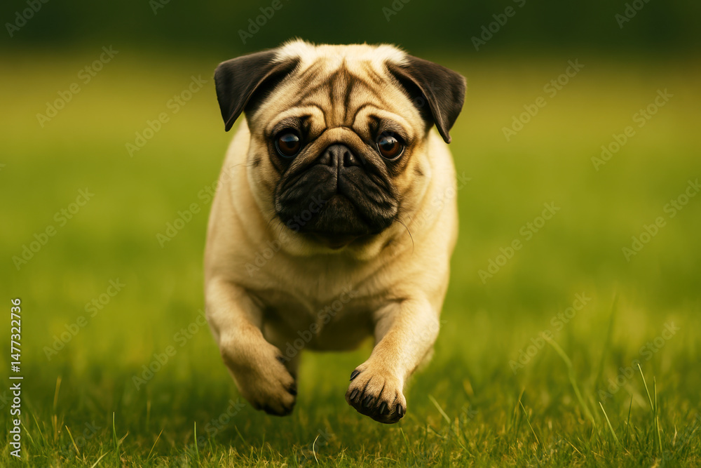 Obraz premium Adorable pug running on lush green grass in vibrant outdoor setting