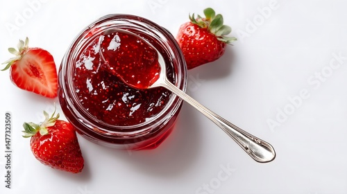 Strawberry Jam with Spoon and Fresh Strawberries on White Background