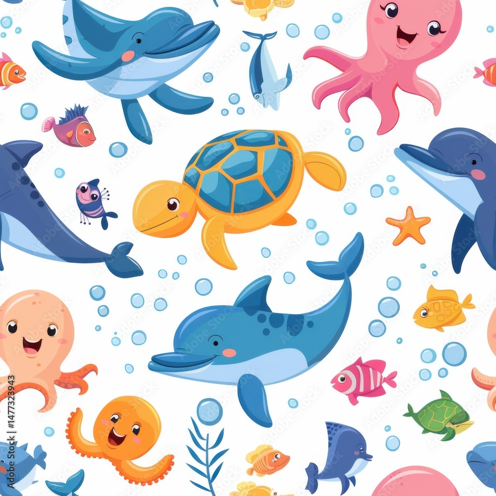 Obraz premium seamless pattern of cute cartoon fish, jellyfish, starfish, and sea plants, bright pastel colors, underwater world theme