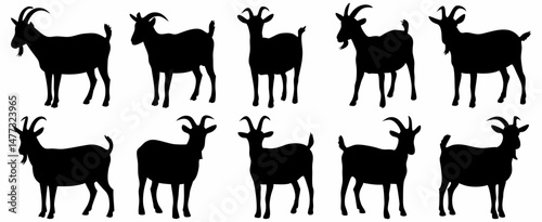 Set of Goat Silhouettes in Different Poses Including Sitting, Standing, Walking, and Side ViewsSet of Goat Silhouettes in Different Poses Including Sitting, Standing, Walking, and Side ViewsSet of Goa