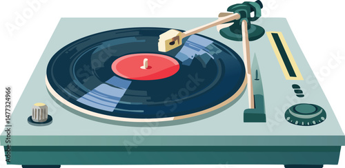 Flat Design Retro Vinyl Record Player - Minimalist Turntable Vector - Vintage Music Player Illustration - 70s Audio Equipment - Clean Record Deck Clipart