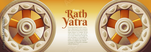 Ratha Yatra holiday 3D vector banner design, cartoon festive chariot wheels, temple cart, Indian festival celebration