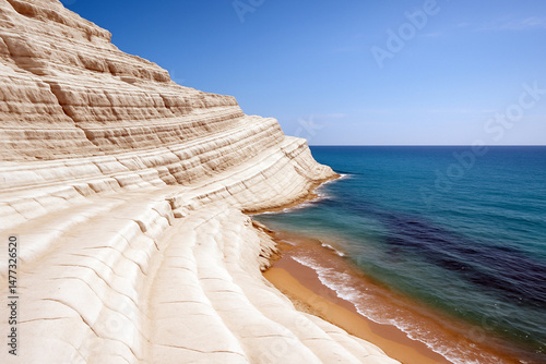 La monumentale Scala dei Turchi sulla costa siciliana: quando la marna bianca scolpita in gradoni naturali dal vento e dal mare si staglia con abbagliante candore contro l'azzurro intenso del Mediterr photo