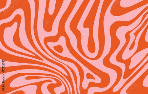 Swirling orange and pink abstract vector pattern in a psychedelic 70s style. Wavy lines create a dynamic, retro, and playful effect, perfect for backgrounds, posters, and modern design projects.