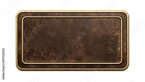 Rectangular brown metal plaque with gold border.  Detailed, textured surface