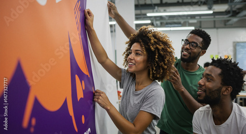 Team putting up banner while smiling in modern office space  