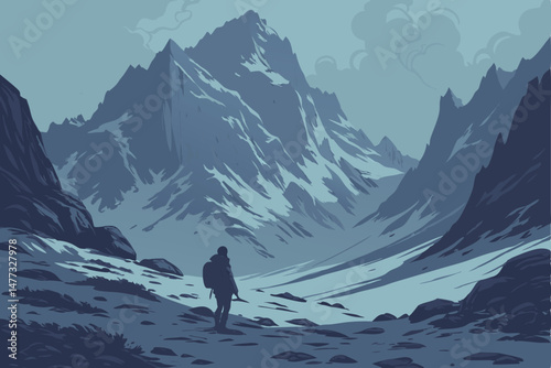 154 cinematic mountainous frozen landscape, lone figure standing in foreground, dramatic icy peaks in background, mist and fog, cold atmospheric lighting, digital art, high resolution, unreal engine