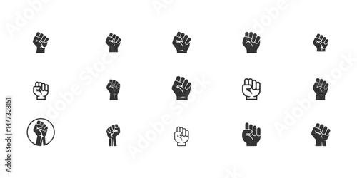Raised fists collection symbolizing protest, unity, human rights, activism, revolution, freedom, solidarity, political movement, and social justice

