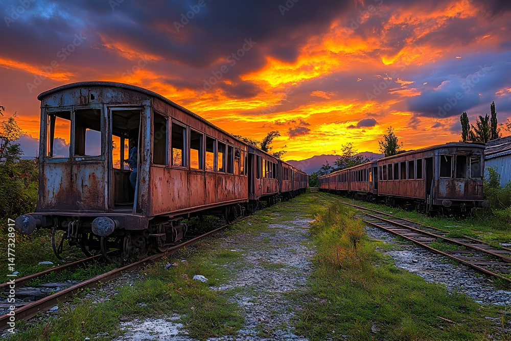 Rusty train carriages at sunset, vibrant sky, abandoned railway line, evocative atmosphere. Rusty train carriages at sunset, vibrant sky, abandoned railway line, evocative atmosphere.