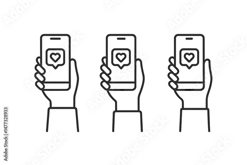 Vector icon of hands holding smartphones displaying heart symbols for social media engagement and connection