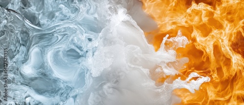 Abstract Macro Photo of Ice and Fire Elements Contrasting in Dynamic Swirls and Textures Representing Opposites