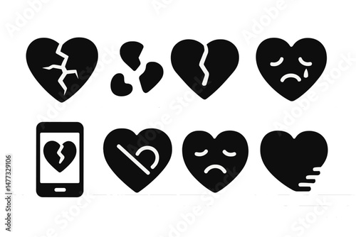 Heartbreak vector icons representing various emotions related to love and loss in a modern design