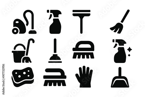 Collection of vector icons depicting various cleaning tools and supplies for household maintenance and cleaning tasks